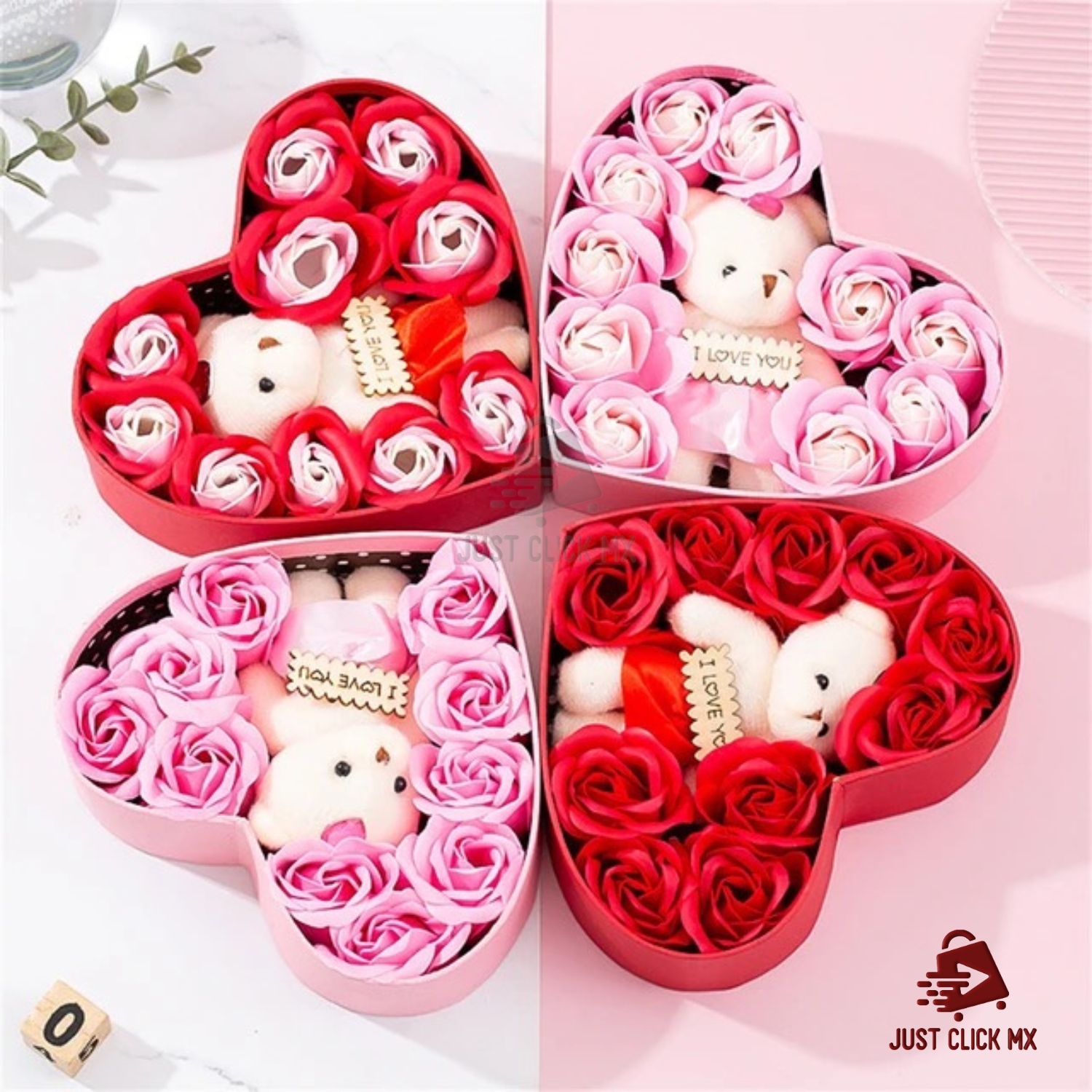 Caja Corazón Con Osito de Peluche y Flores Rosa