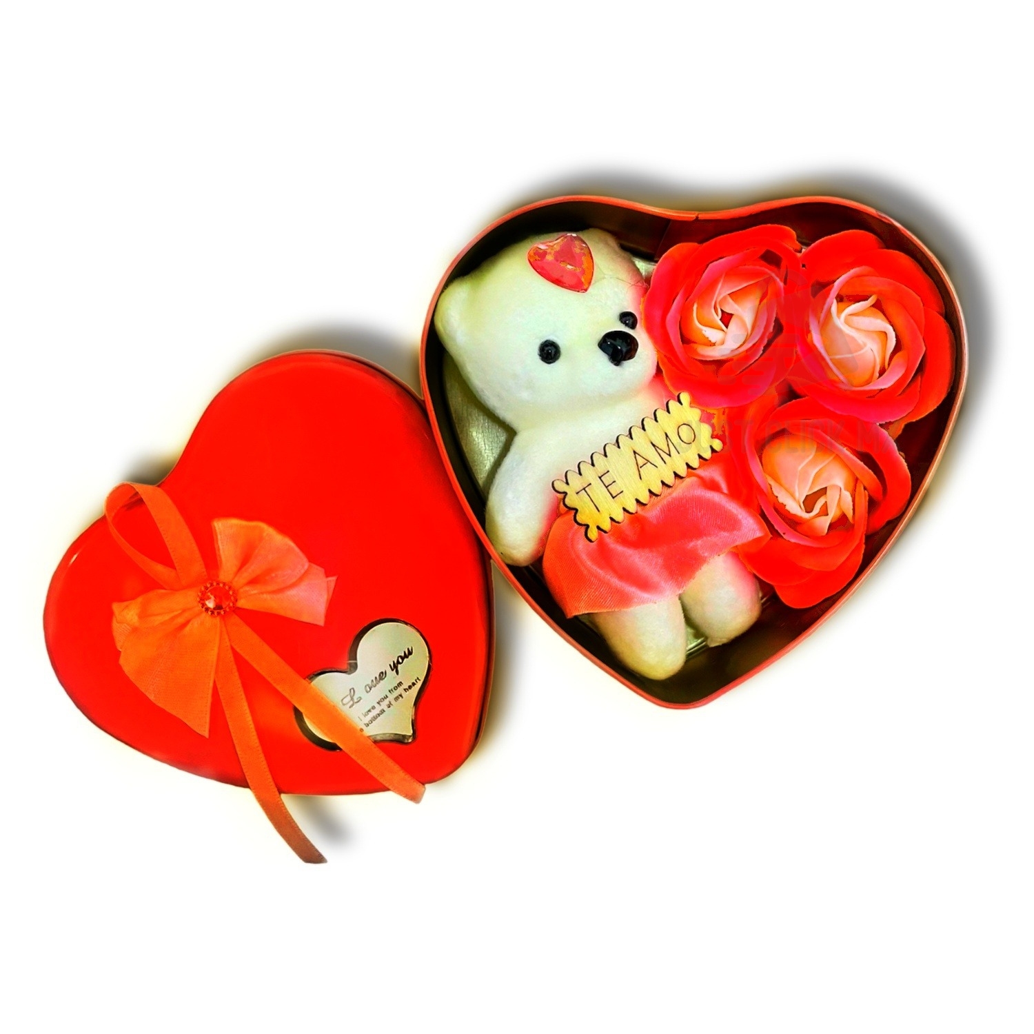 Caja Corazón Con Osito de Peluche y Flores Rojo.