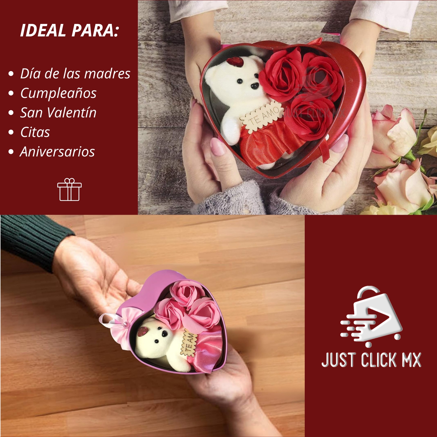 Caja Corazón Con Osito de Peluche y Flores Rosa