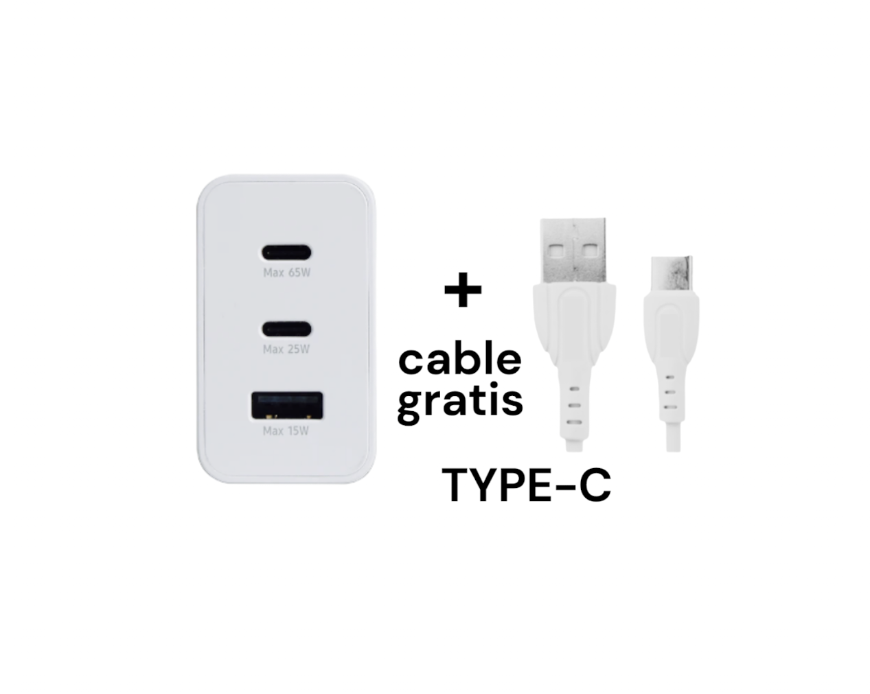 Cubo Cargador de Carga Rápida 65w con 3 Puertos más Cable Tipo C Gratis.