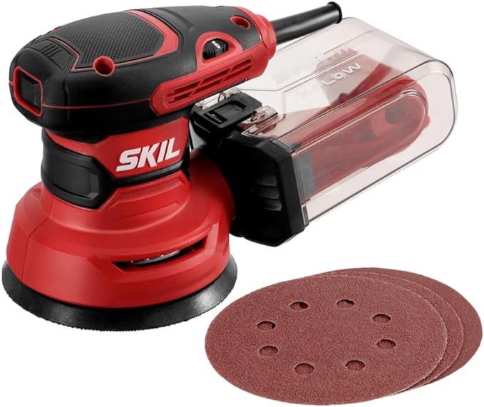 SKIL SR211601 Lijadora orbital aleatoria de 5 pulgadas con caja de polvo ciclónica y 3 hojas de lijado.