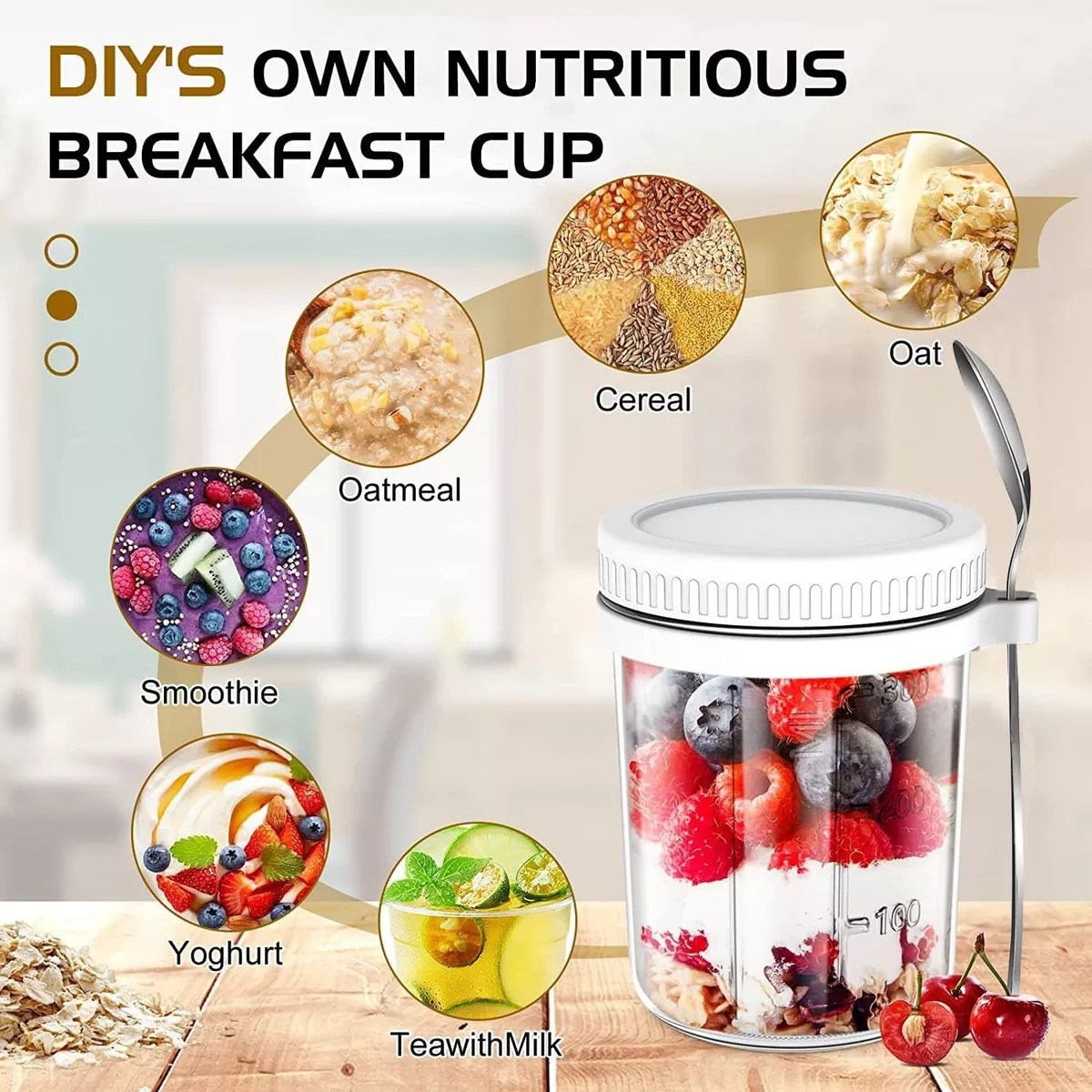 Taza De Desayuno Recipiente De Avena Con Tapa Y Cuchara 4pcs