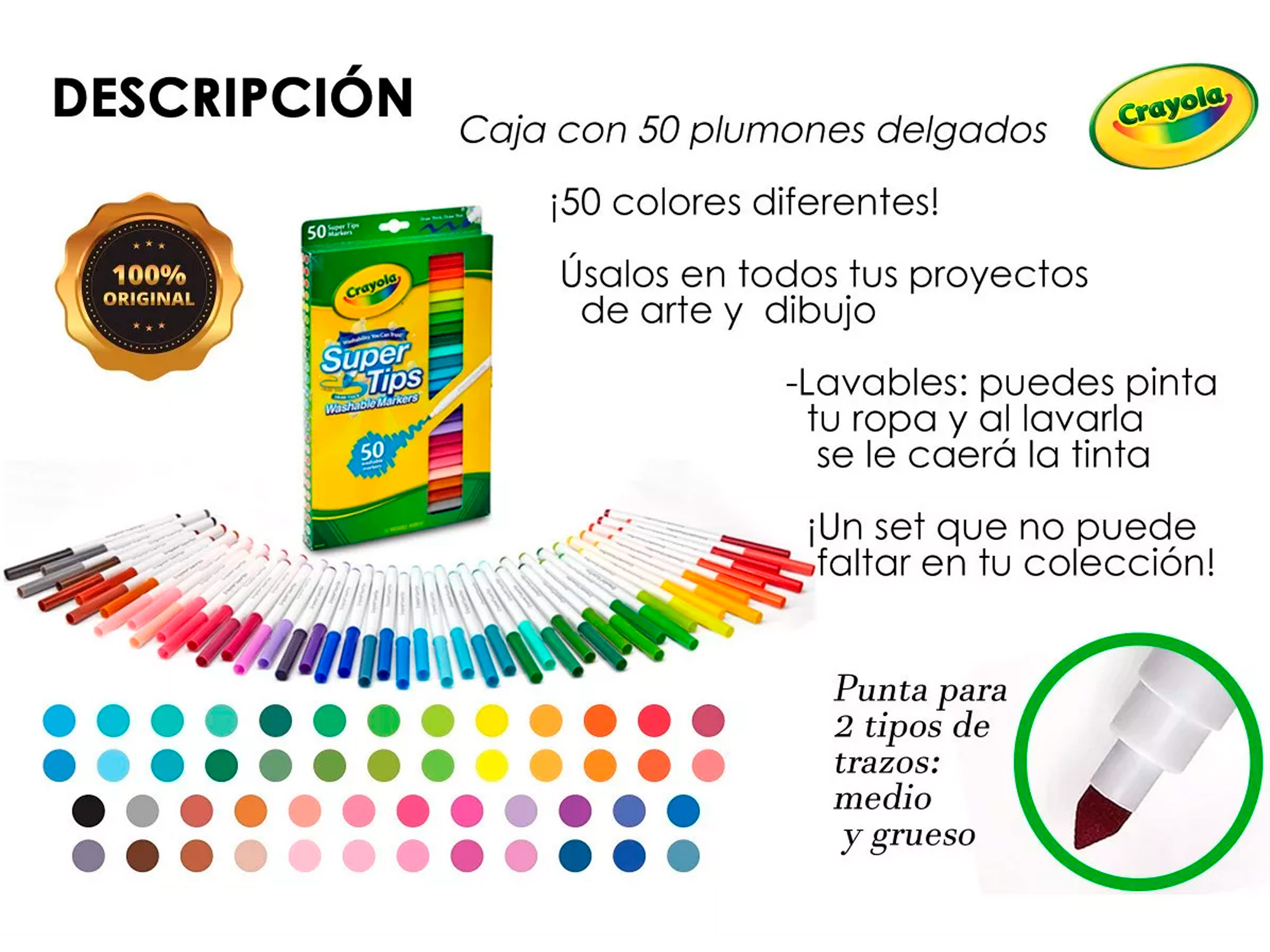 Crayola Super Tips Original 50 Plumones Delgados Marcadores.