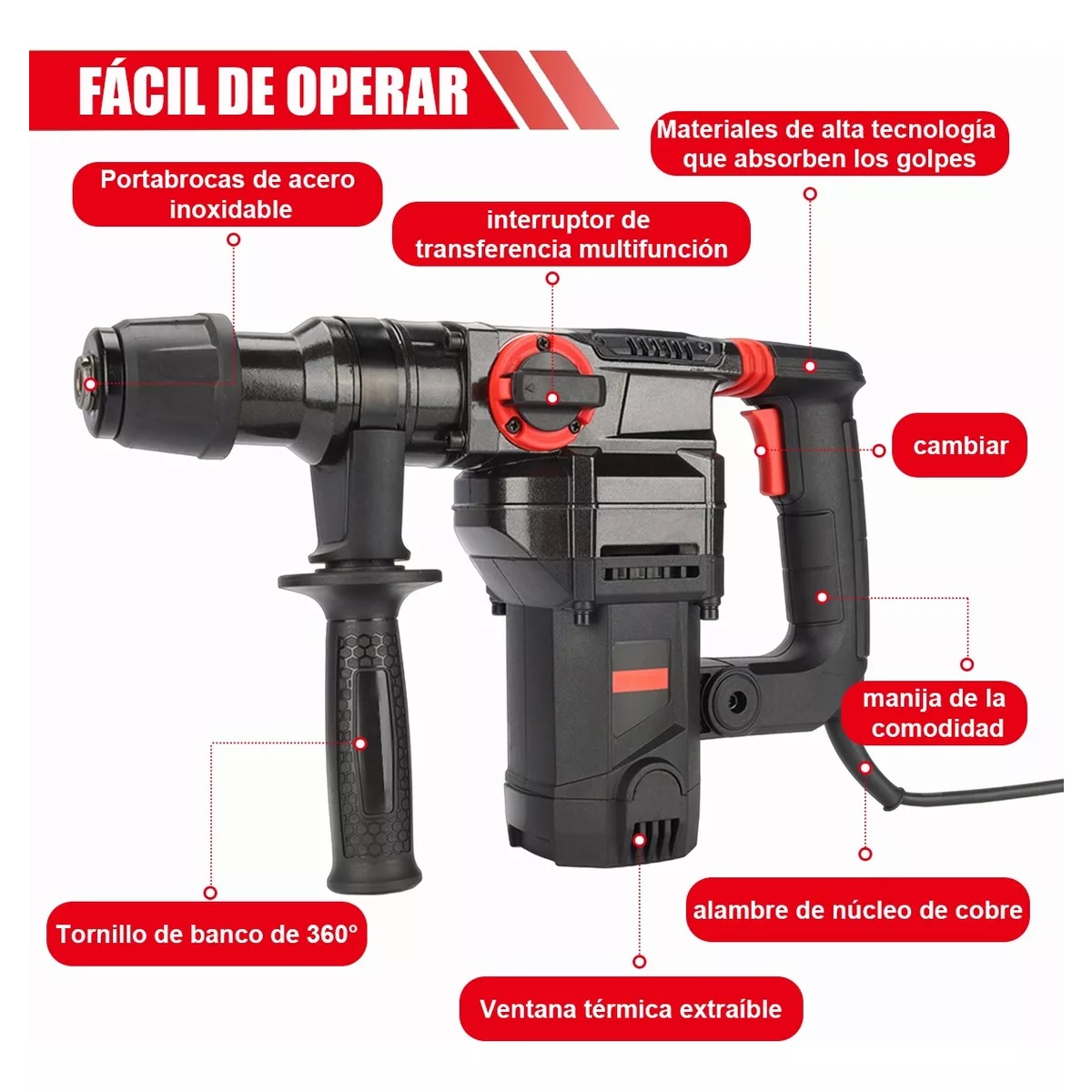 Rotomartillo Eléctrico Cincelador Perforador Taladro Negro/Rojo 2200w 