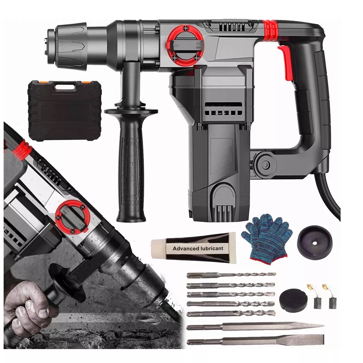 Rotomartillo Eléctrico Cincelador Perforador Taladro Negro/Rojo 2200w 