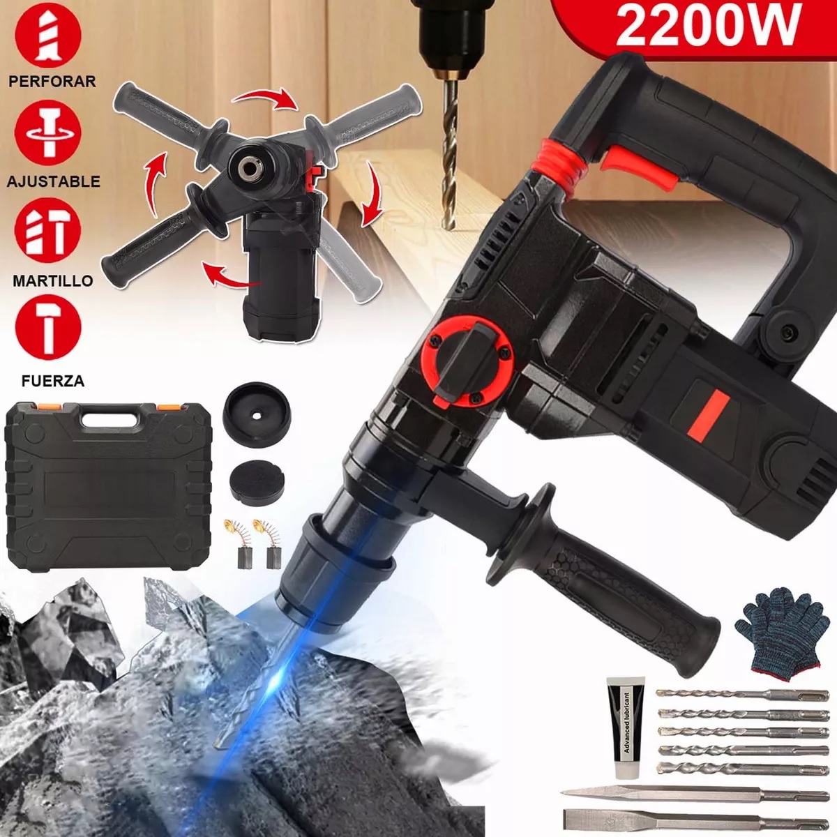 Rotomartillo Eléctrico Cincelador Perforador Taladro Negro/Rojo 2200w 