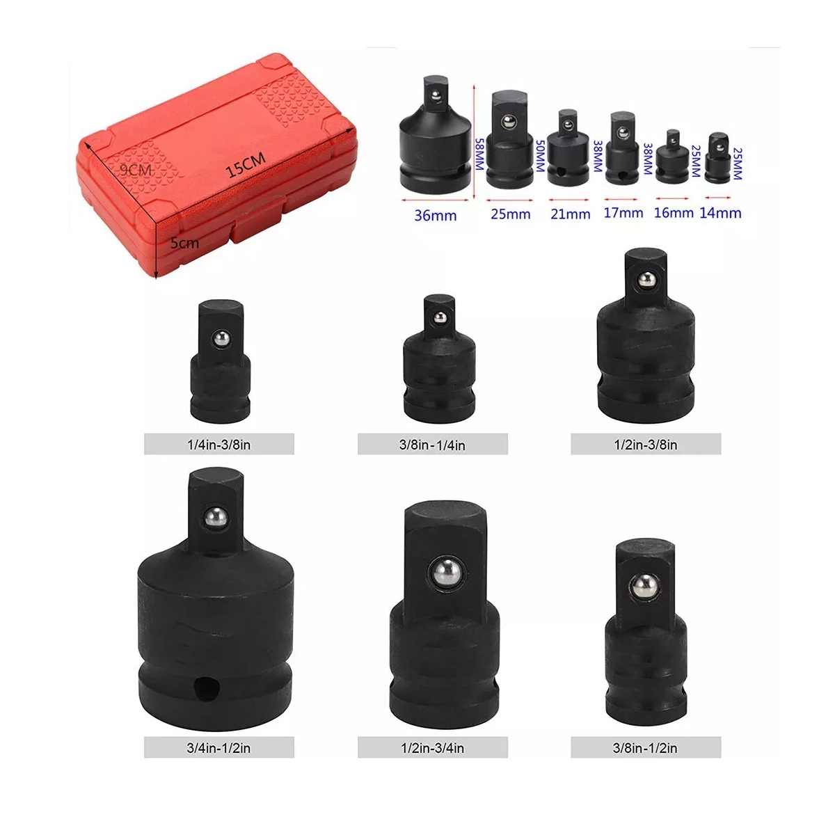 Juego Adaptadores Para Dados Y Llaves De Impacto 6 Pz Rojo/Negro .