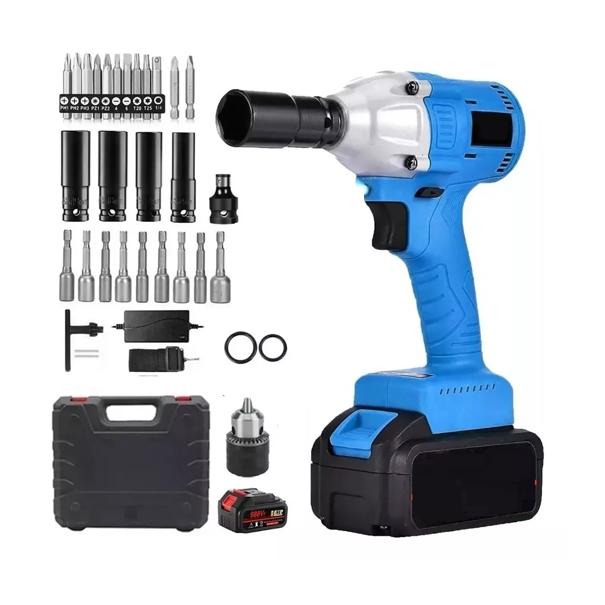 Llave De Impacto Inalámbrico Kit 500n.m 4000mah Batería+caja Negro/Azul/Plata