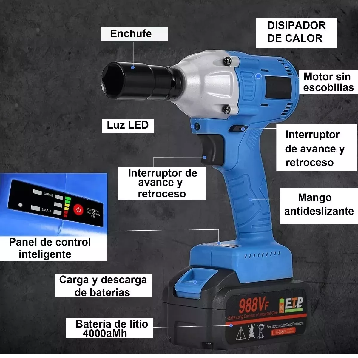 Llave De Impacto Inalámbrico Kit 500n.m 4000mah Batería+caja Negro/Azul/Plata