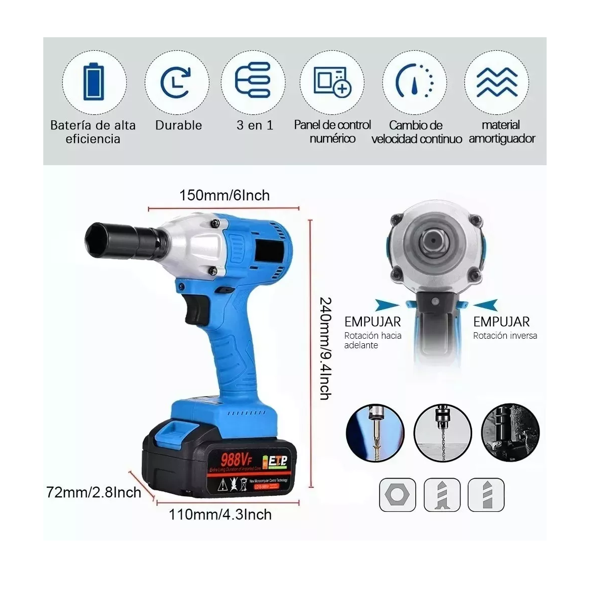 Llave De Impacto Inalámbrico Kit 500n.m 4000mah Batería+caja Negro/Azul/Plata