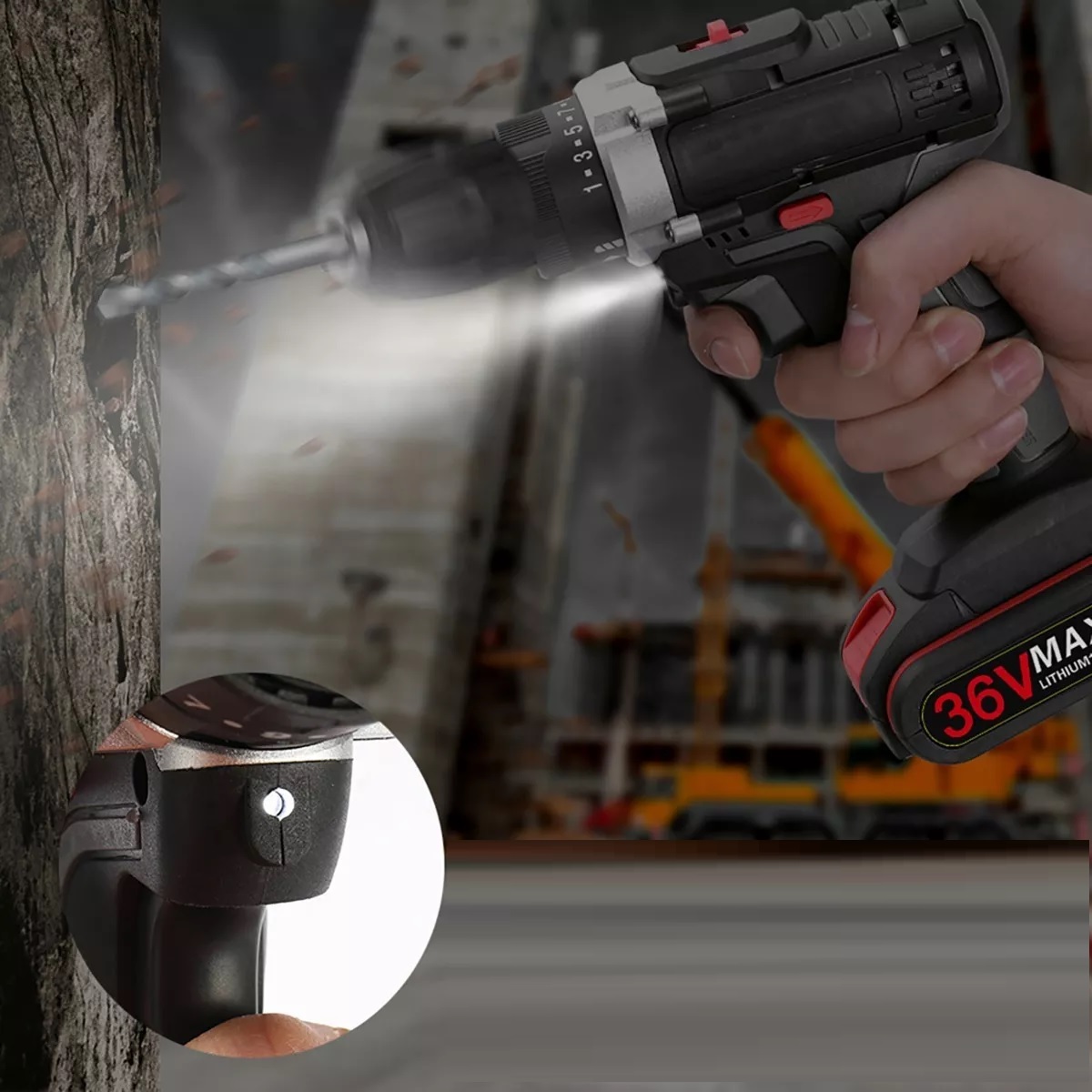 Taladro Inalámbrico Atornillador Con 36v 2 Batería De Litio Negro