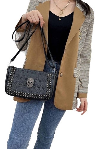 Bolso De Hombro Con Asa De Calavera Punk Cool Para Mujer negro