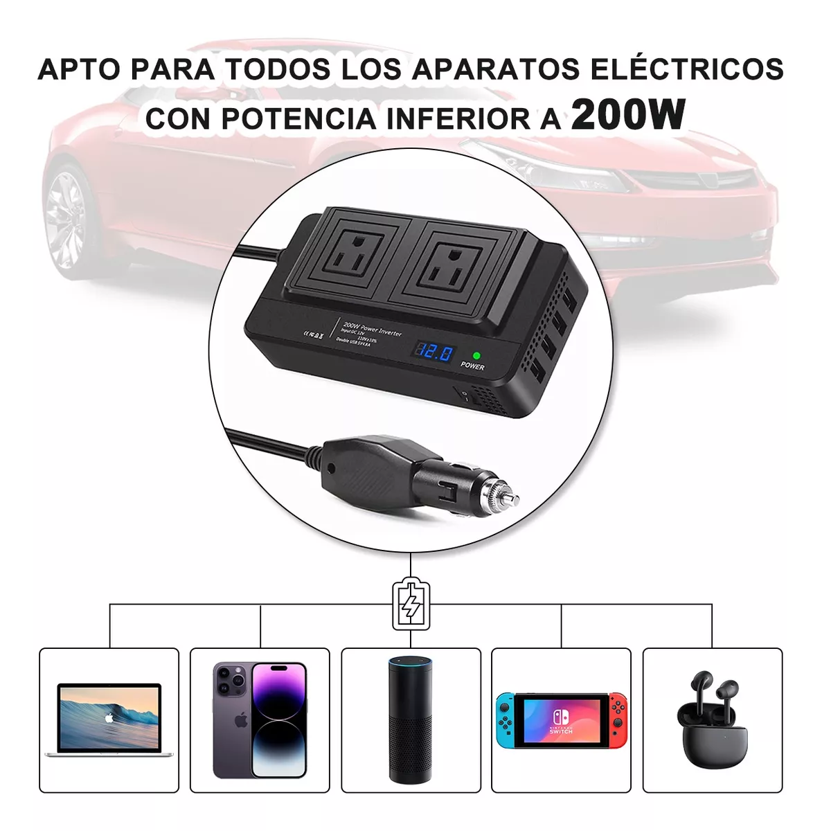 Inversor De Corriente Portátil Para Auto De 200w 12v A 110v Negro