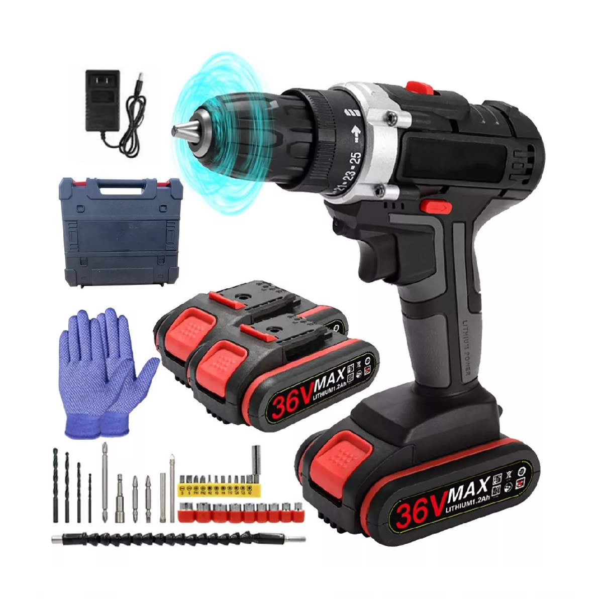 Taladro Inalámbrico Atornillador Con 36v 2 Batería De Litio Negro
