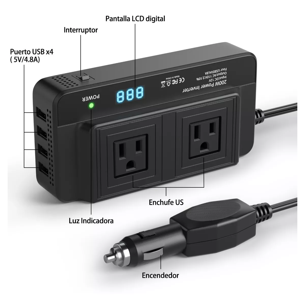 Inversor De Corriente Portátil Para Auto De 200w 12v A 110v Negro