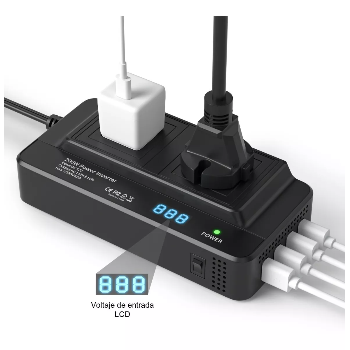 Inversor De Corriente Portátil Para Auto De 200w 12v A 110v Negro