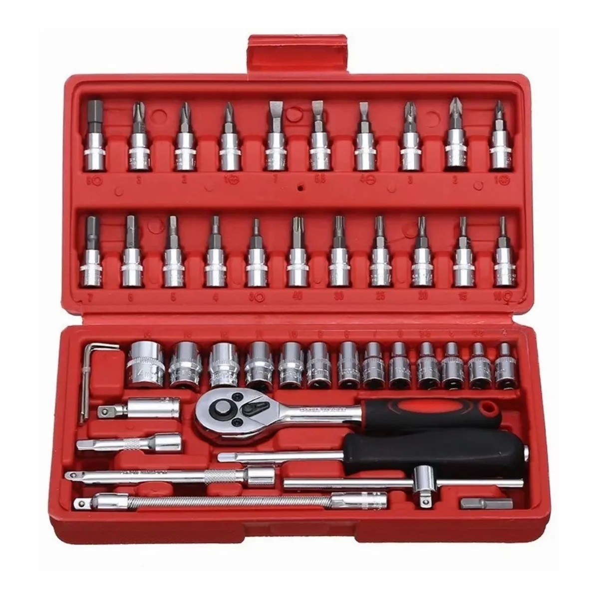 Juego Herramientas Mecánicas Dados Acero 46pc Plata/Estuche Naranja