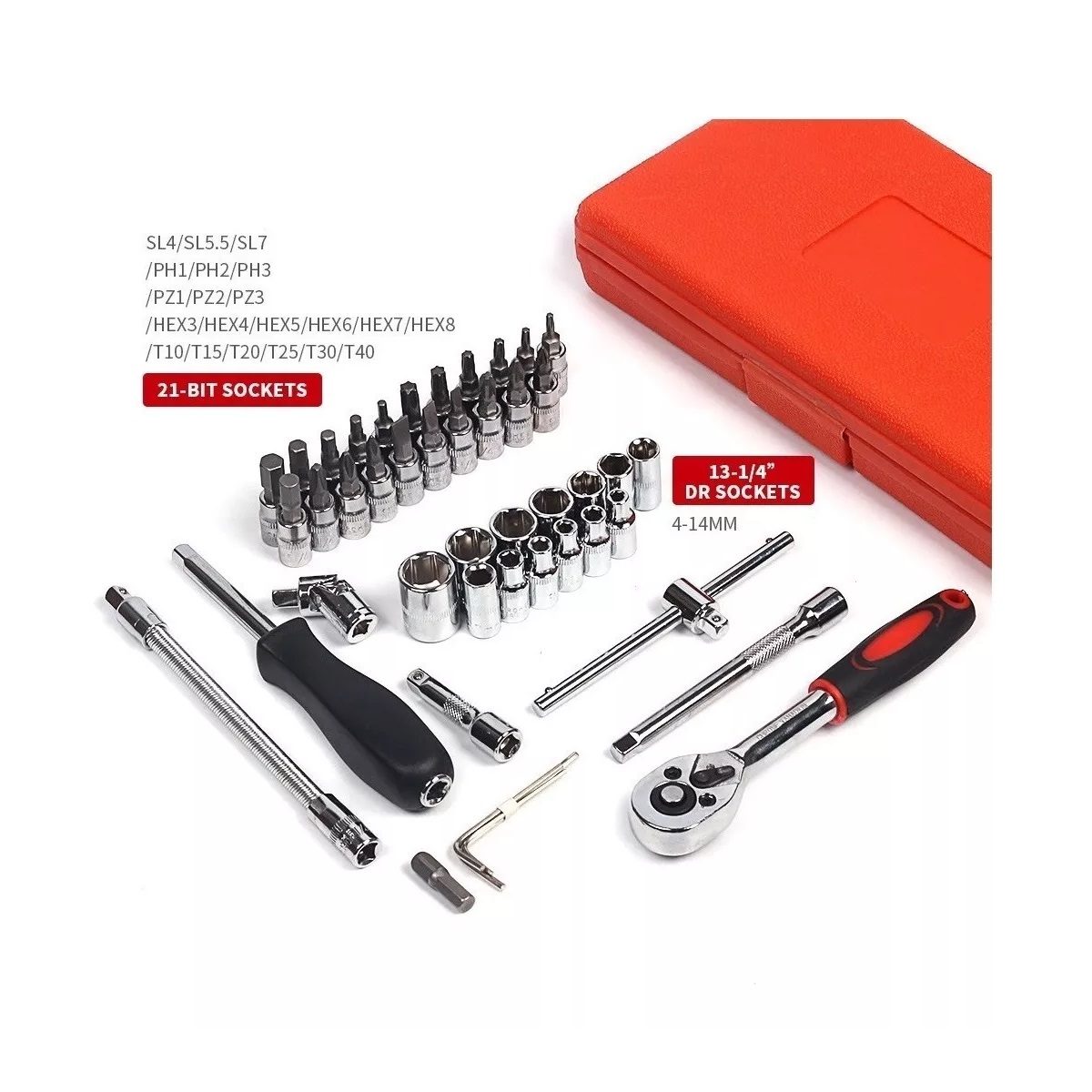 Juego Herramientas Mecánicas Dados Acero 46pc Plata/Estuche Naranja