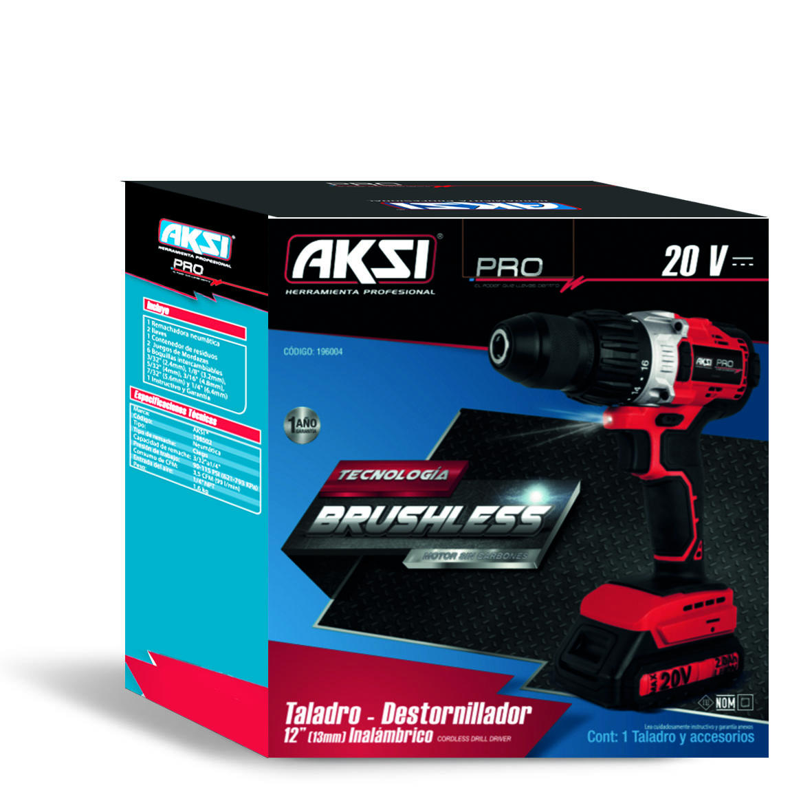 Taladro Inalambrico Aksi Sin Carbones de 1/2 pulg Profesional
