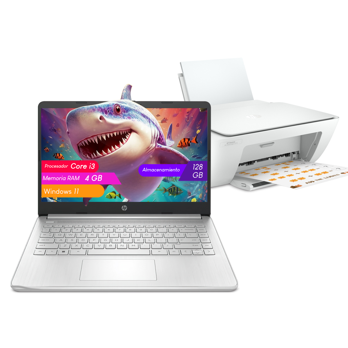 Combo Laptop HP 14-DQ0518LA CELERON-N4120 4gb 128gb 14Pulg W11H + Impresora HP.