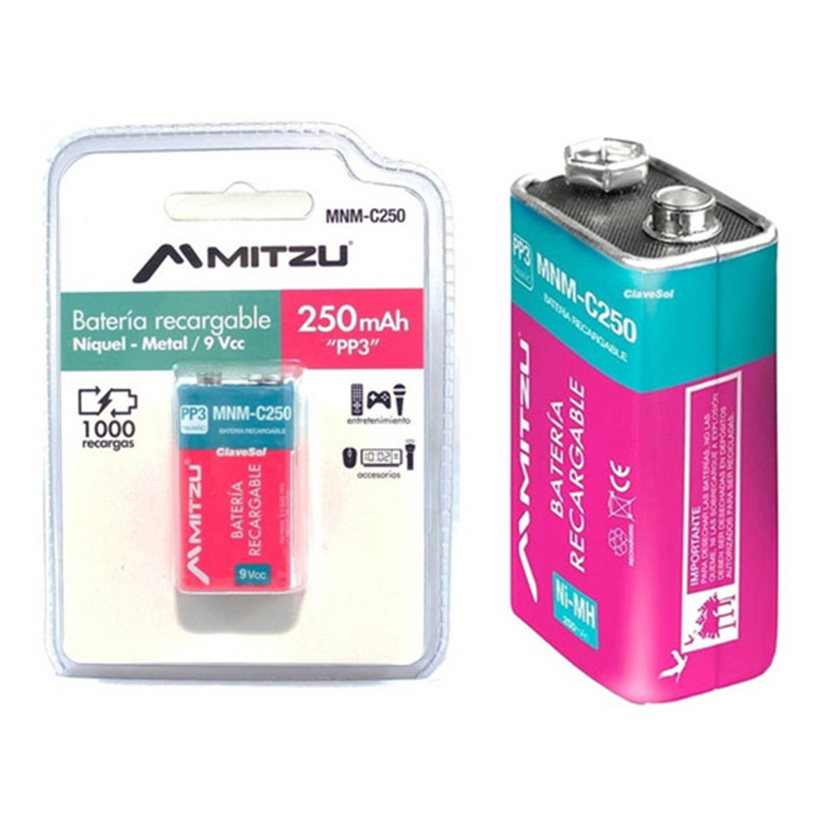 Batería 9V Recargable 250 mAh.