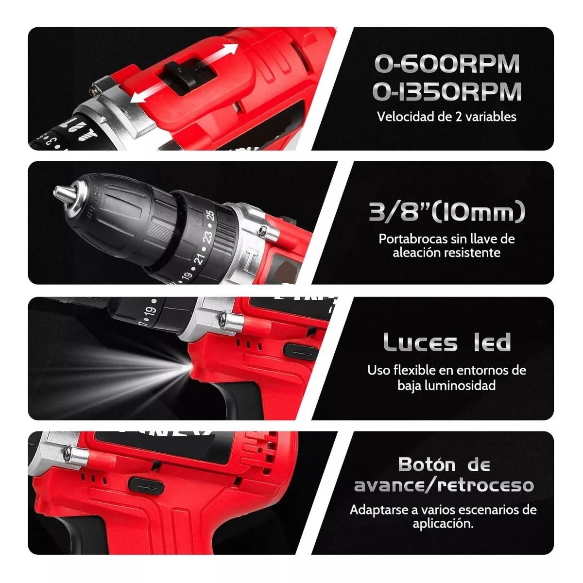 Taladro Atornillador Inalámbrico Con 2 Batería De Litio Rojo/Negro
