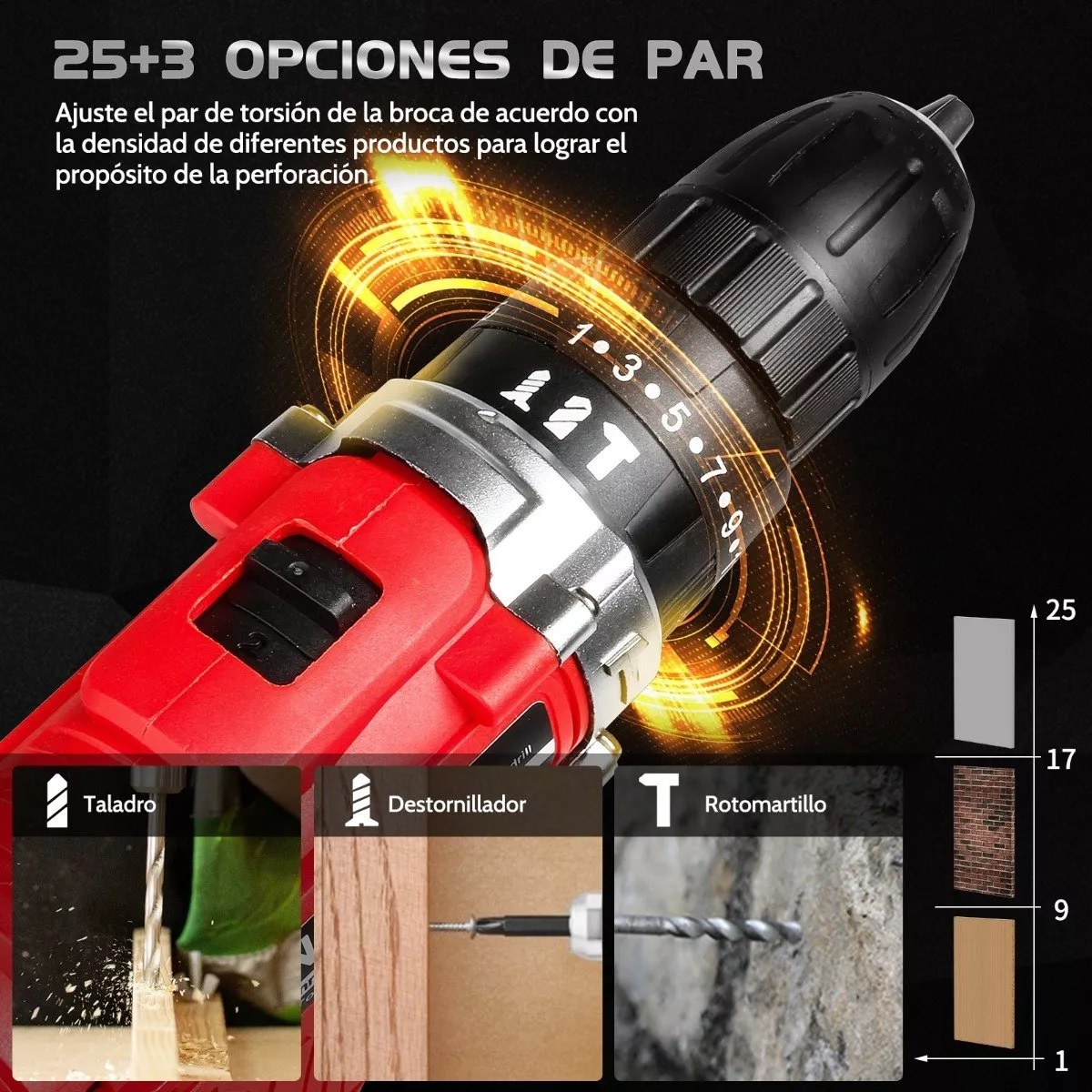 Taladro Atornillador Inalámbrico Con 2 Batería De Litio Rojo/Negro