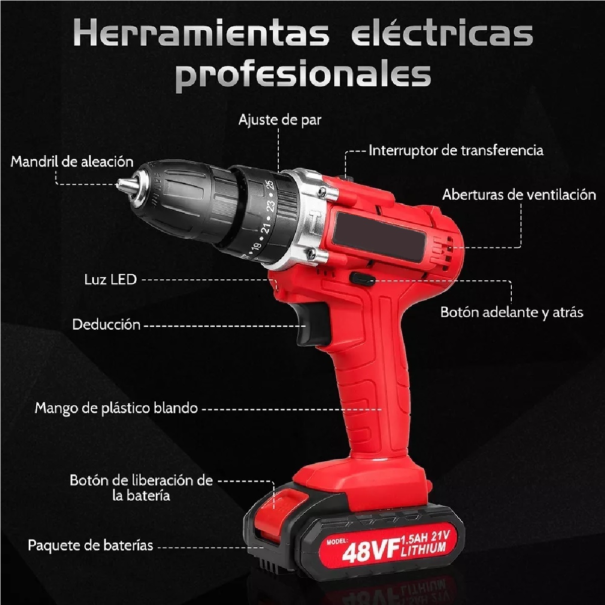 Taladro Atornillador Inalámbrico Con 2 Batería De Litio Rojo/Negro