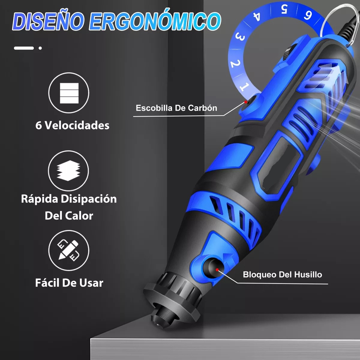 Mini Taladro Mototool Para Cortar Lijar Pulir Azul Rey /Negro
