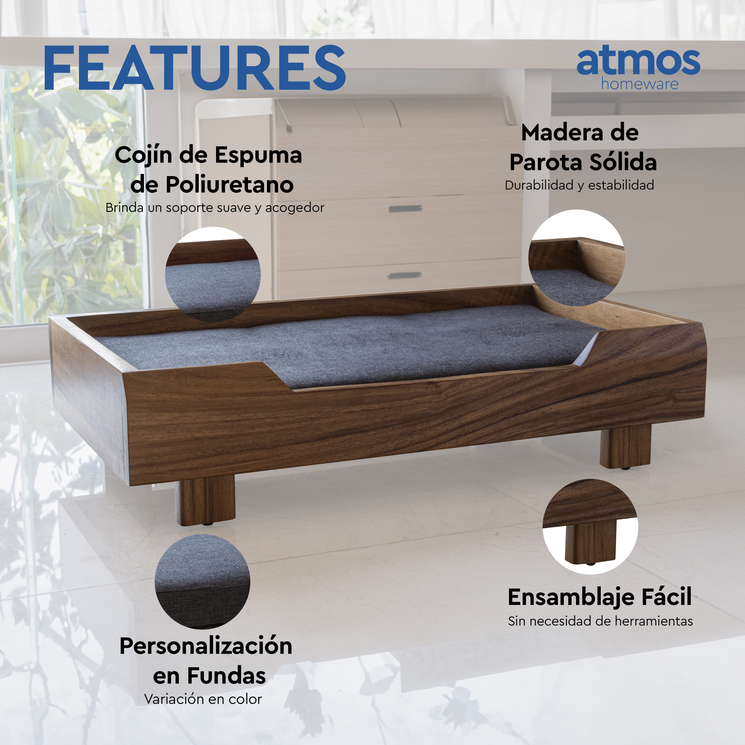 Cama para Perro | Fabricada en Madera de Parota Sólida | Cama con Cojín de Espuma de Poliuretano y Cubierta de Poliéster | Tamaño Mediano | Cama Elevada