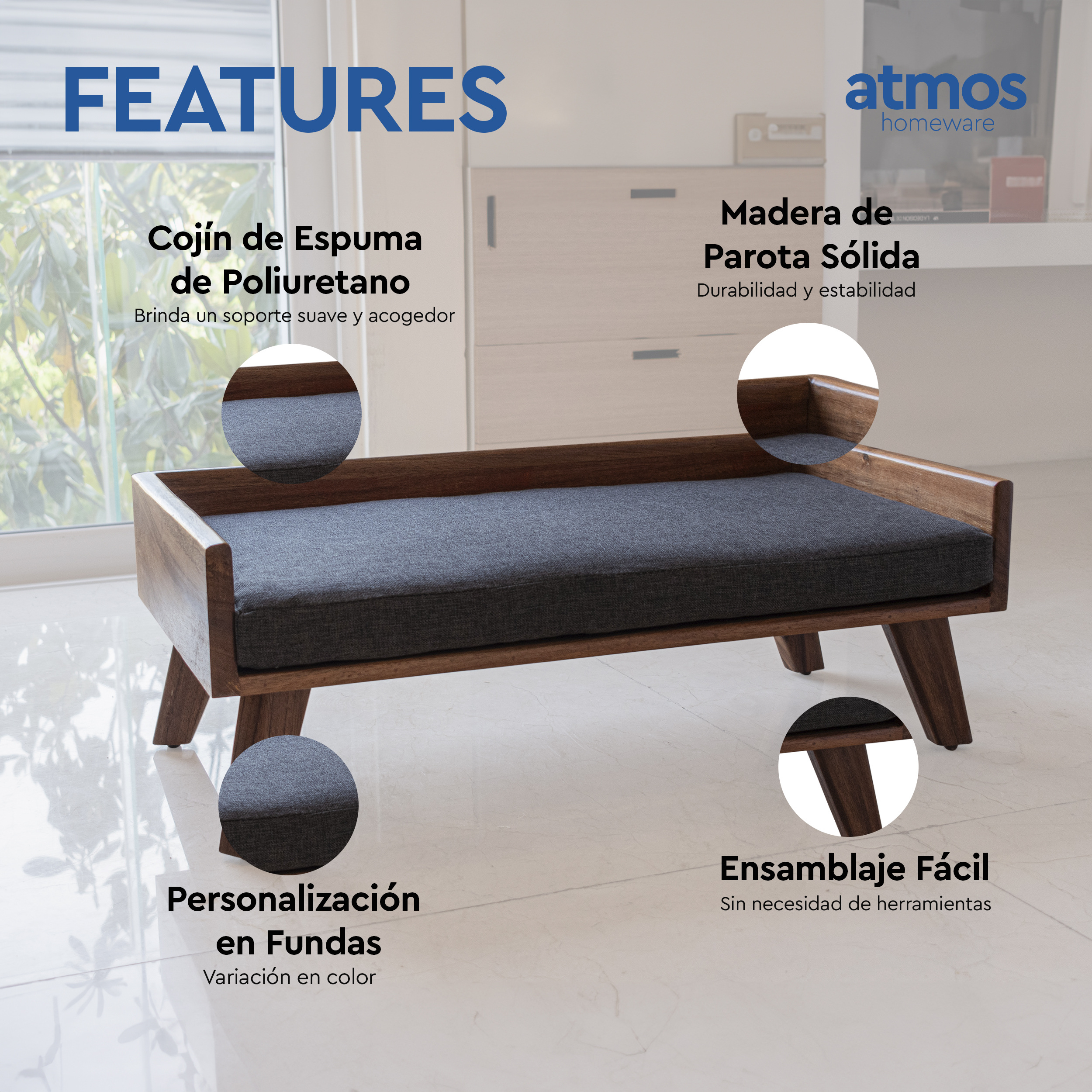 Cama para Perro | Fabricada en Madera de Parota Sólida | Cama con Cojín de Espuma de Poliuretano y Cubierta de Poliéster | Tamaño Chico | Cama Elevada
