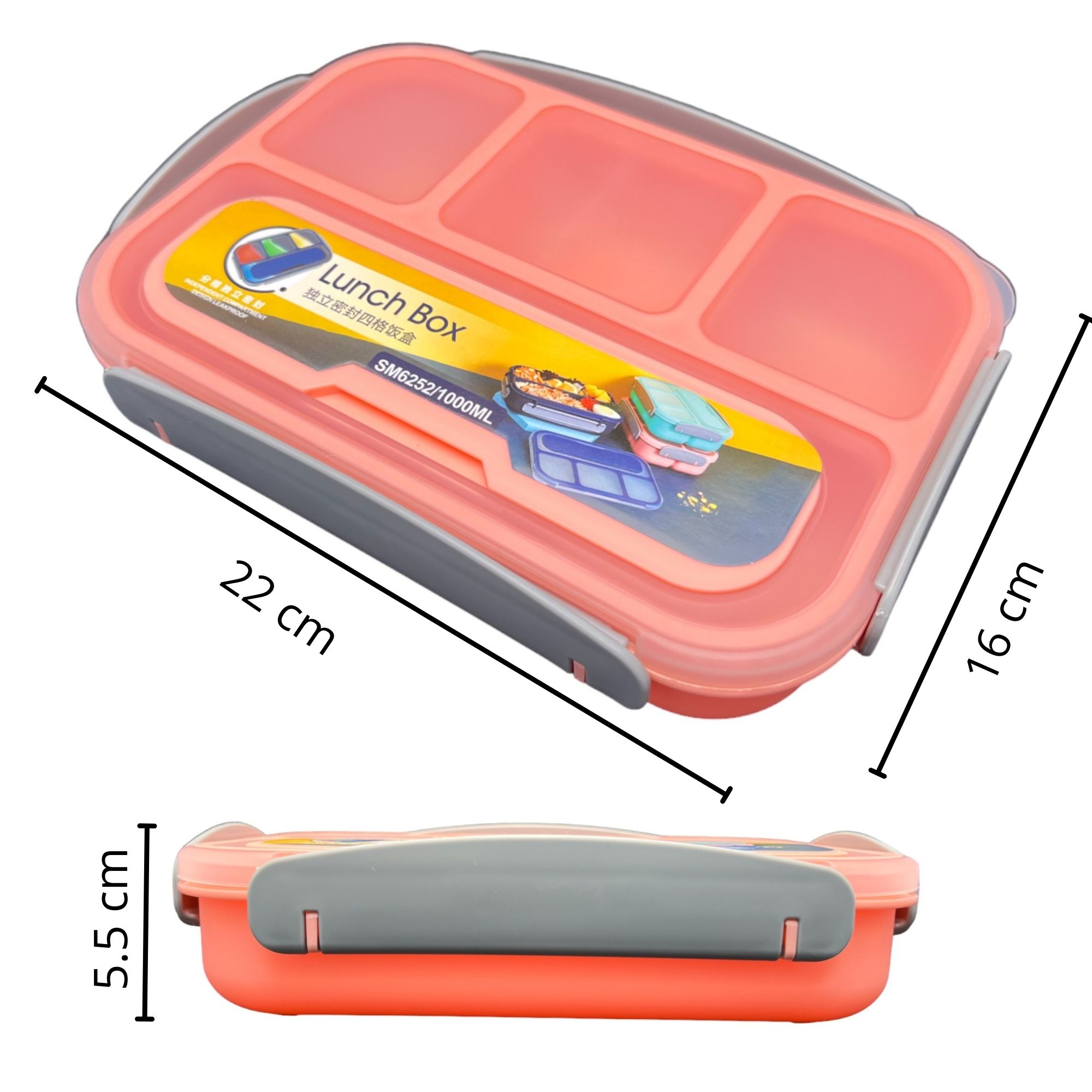 Contenedor Lonchera Lunch Box Hermético con 4 Divisiones - Rosa.