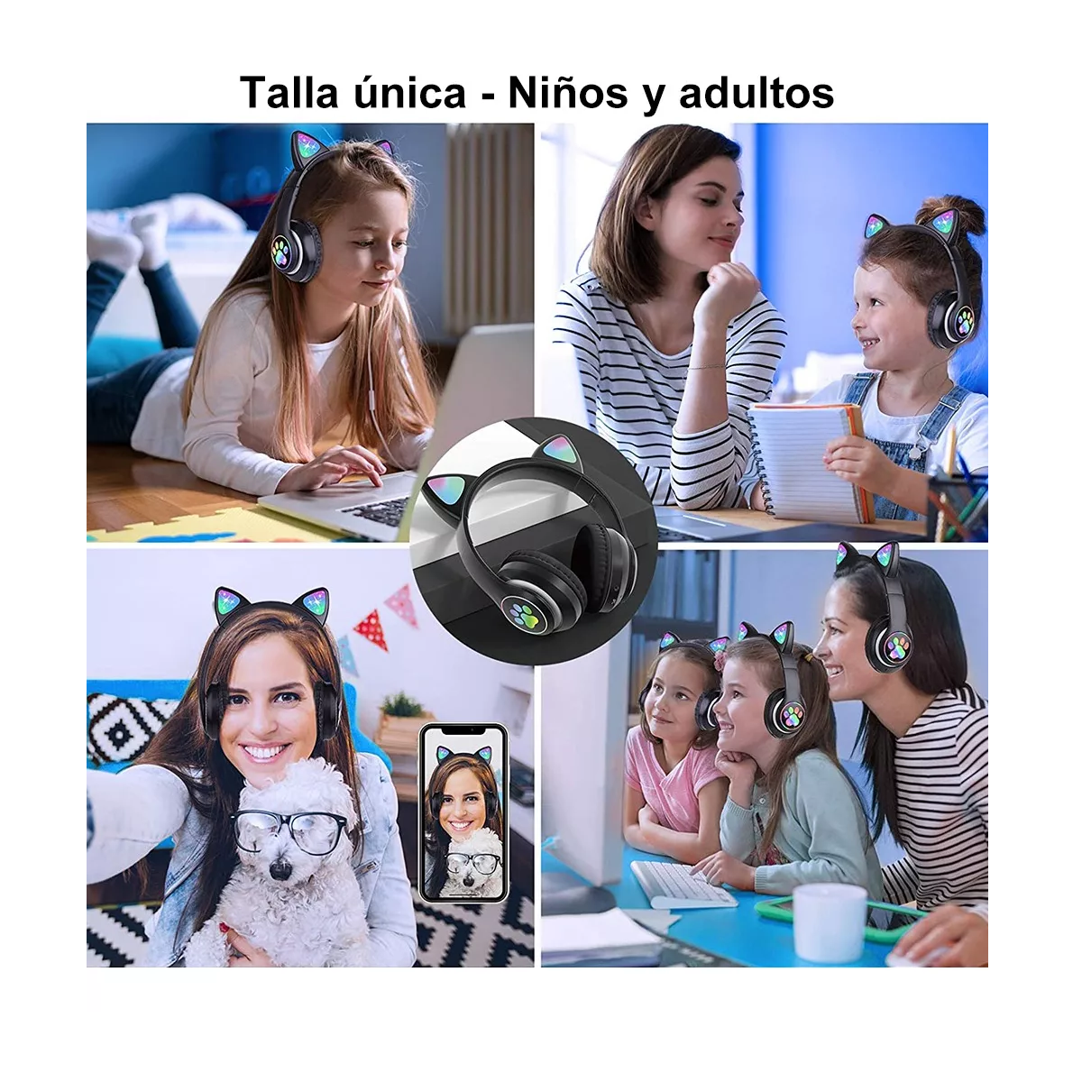 Diadema Audifonos Orejas De Gato Bluetooths 5.1 Led Niños Negro