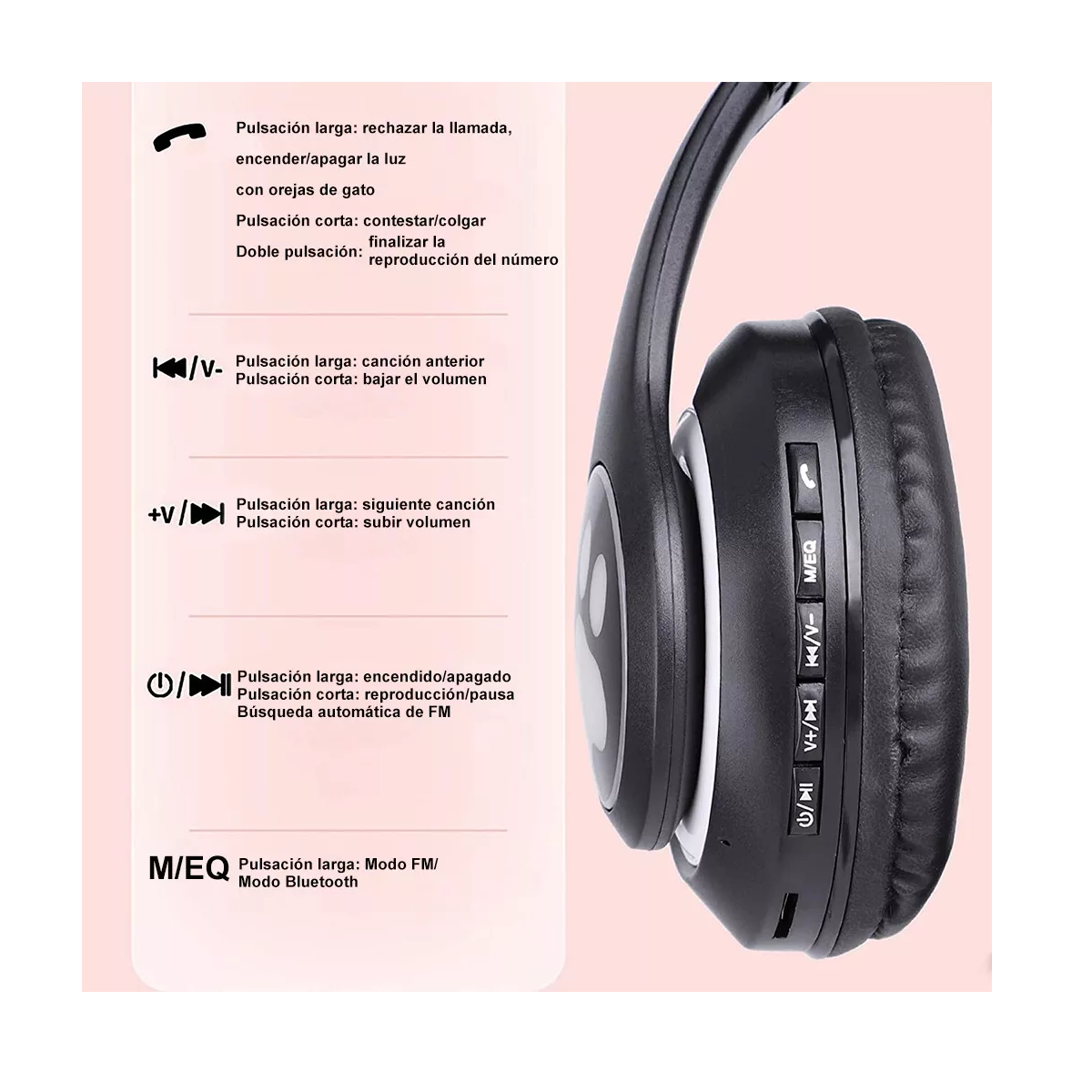 Diadema Audifonos Orejas De Gato Bluetooths 5.1 Led Niños Negro