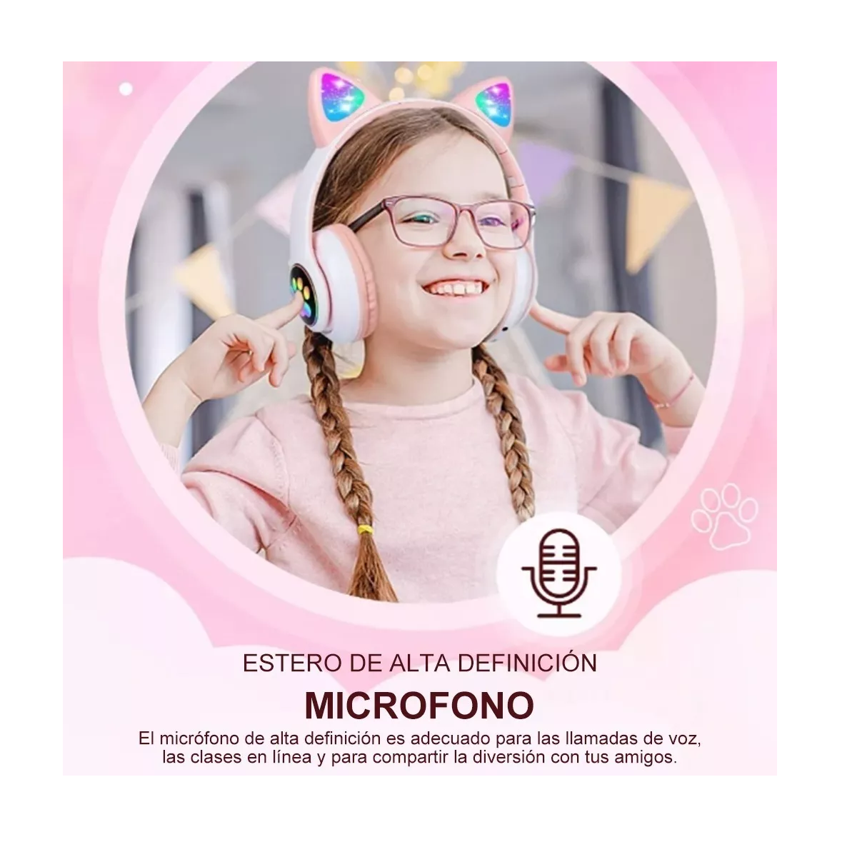 Diadema Audifonos Orejas De Gato Bluetooths 5.1 Led Niños Rosa