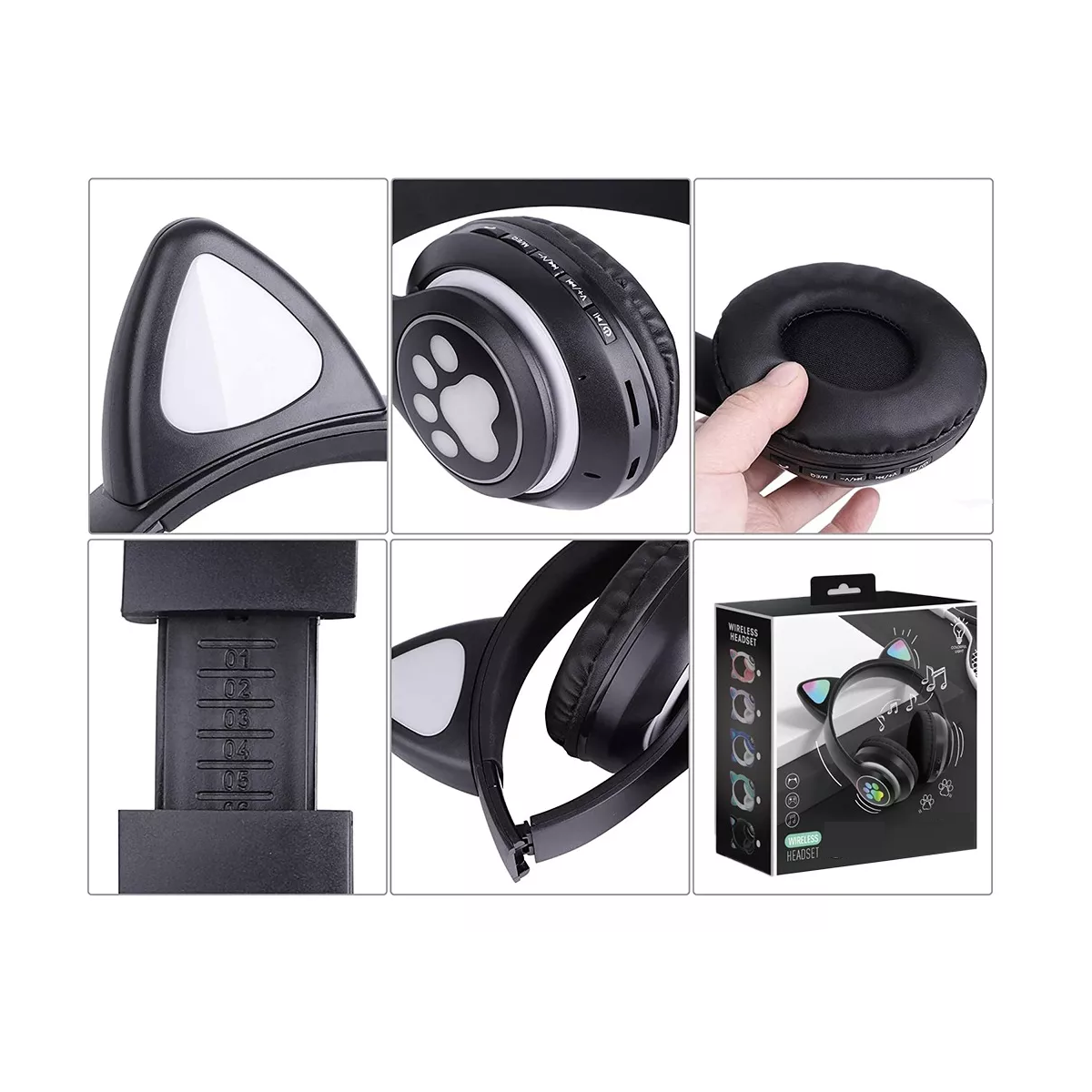 Diadema Audifonos Orejas De Gato Bluetooths 5.1 Led Niños Negro