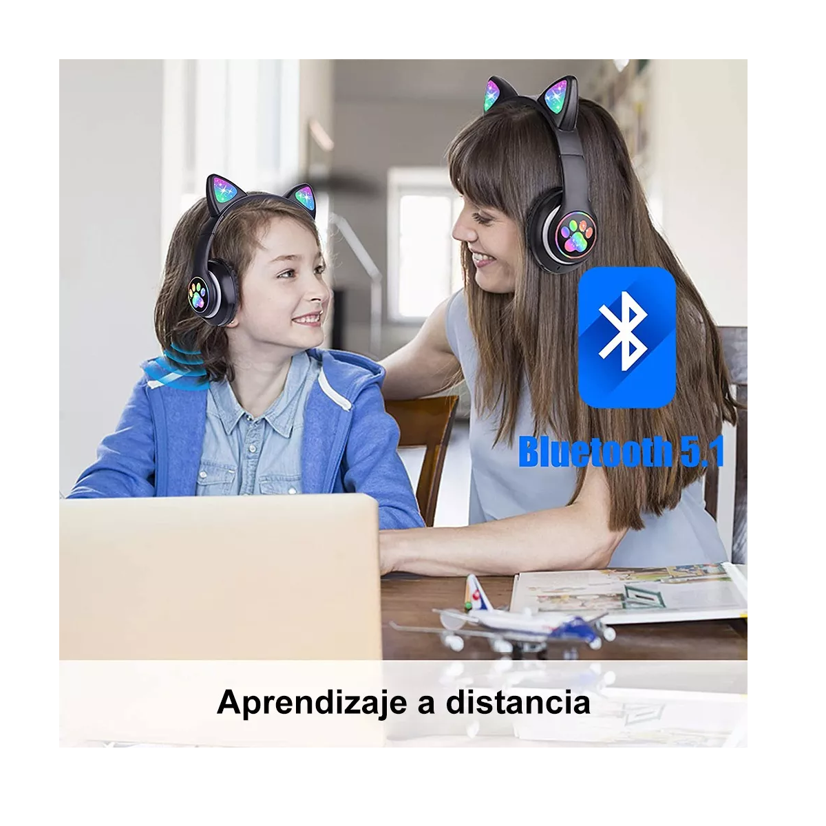 Diadema Audifonos Orejas De Gato Bluetooths 5.1 Led Niños Negro