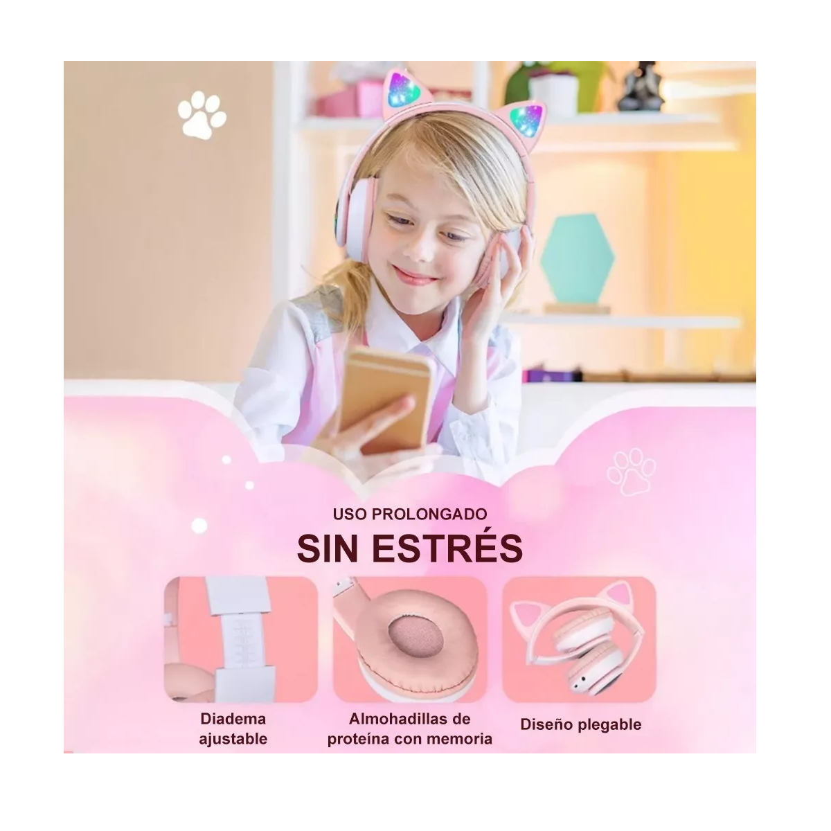 Diadema Audifonos Orejas De Gato Bluetooths 5.1 Led Niños Rosa