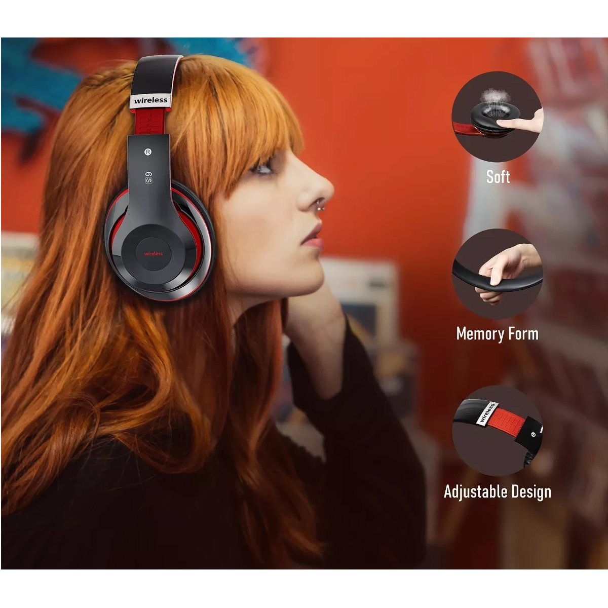 Audifonos Bluetooth Diadema Inalámbrico Y Con Cable Com Mic Negro/Rojo