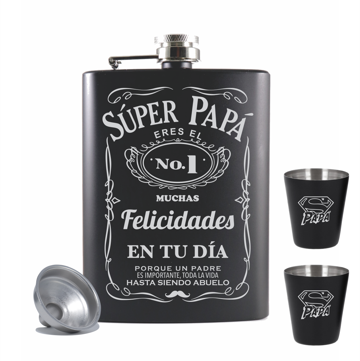 Licorera acero inoxidable 8onzas incluye vaso shot y embudo con grabado Super Papa