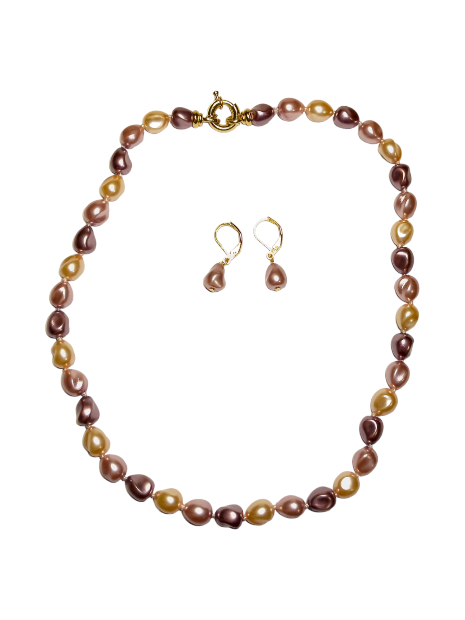 Conjunto de Set´s de Perla de Mallorca Aretes , Collar y Pulsera -Café Piñon