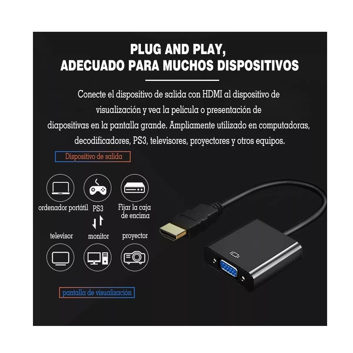 Cable Adaptador Convertidor Hdmi A Vga +regalo Cable 3.5mm Negro