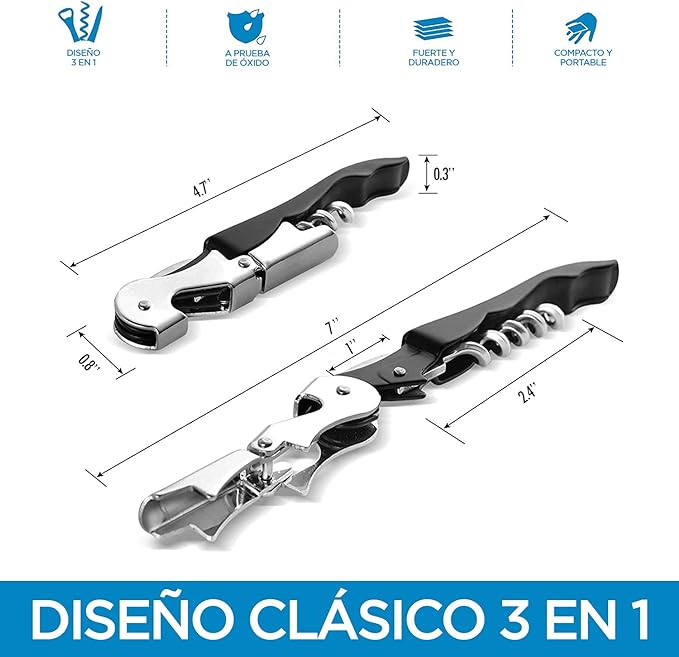 A U Chef Sacacorchos de Acero Inoxidable. Destapador/Destapa Corchos Multifuncional de Acero Inoxidable Color Negro. Perfecto para Abrir Botellas de Vino y Destapar Cervezas y Refrescos (1).