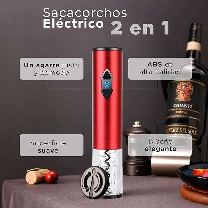 A Set de Sacacorchos Vino Eléctrico 2 en 1 - Rojo | Hogar y Cocina Accesorios - de Acero Inoxidable - Regalos para Hombre - Regalos para Mujer | Electrodomesticos - Destapador de Vino.