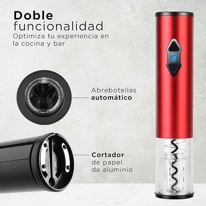A Set de Sacacorchos Vino Eléctrico 2 en 1 - Rojo | Hogar y Cocina Accesorios - de Acero Inoxidable - Regalos para Hombre - Regalos para Mujer | Electrodomesticos - Destapador de Vino.