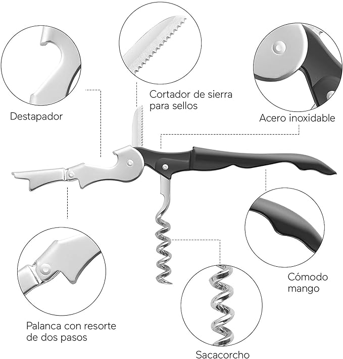 A U Chef Sacacorchos de Acero Inoxidable. Destapador/Destapa Corchos Multifuncional de Acero Inoxidable Color Negro. Perfecto para Abrir Botellas de Vino y Destapar Cervezas y Refrescos (1).