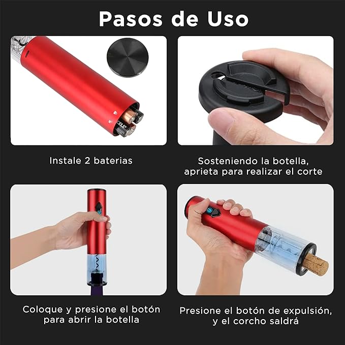 A Set de Sacacorchos Vino Eléctrico 2 en 1 - Rojo | Hogar y Cocina Accesorios - de Acero Inoxidable - Regalos para Hombre - Regalos para Mujer | Electrodomesticos - Destapador de Vino.