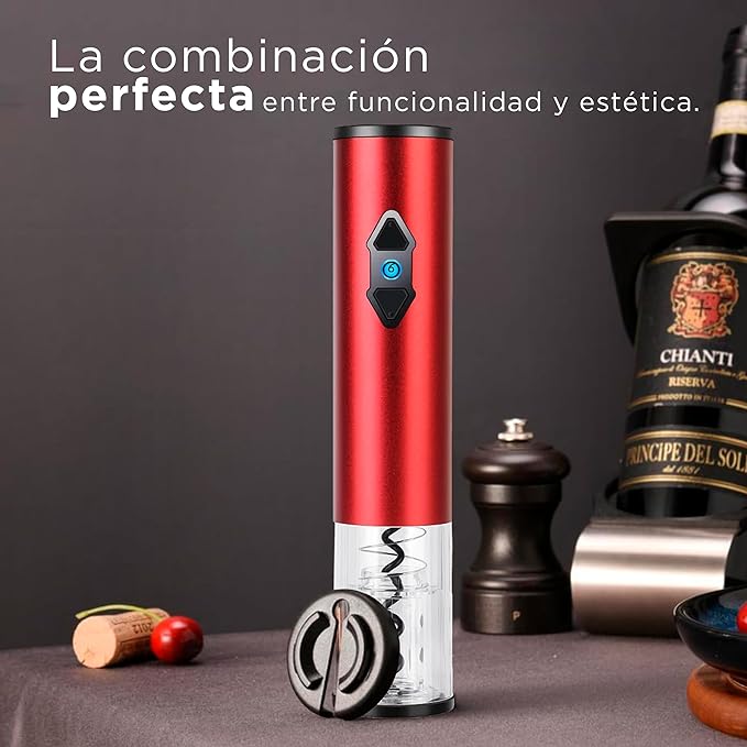 A Set de Sacacorchos Vino Eléctrico 2 en 1 - Rojo | Hogar y Cocina Accesorios - de Acero Inoxidable - Regalos para Hombre - Regalos para Mujer | Electrodomesticos - Destapador de Vino.