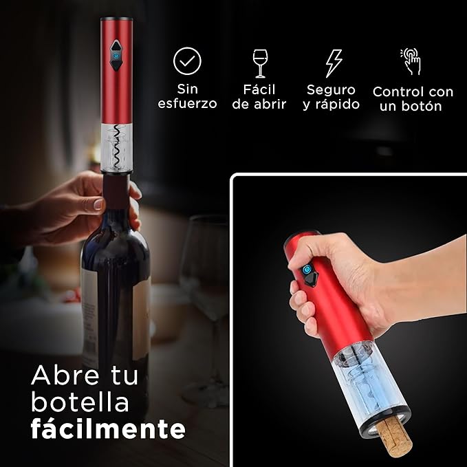 A Set de Sacacorchos Vino Eléctrico 2 en 1 - Rojo | Hogar y Cocina Accesorios - de Acero Inoxidable - Regalos para Hombre - Regalos para Mujer | Electrodomesticos - Destapador de Vino.