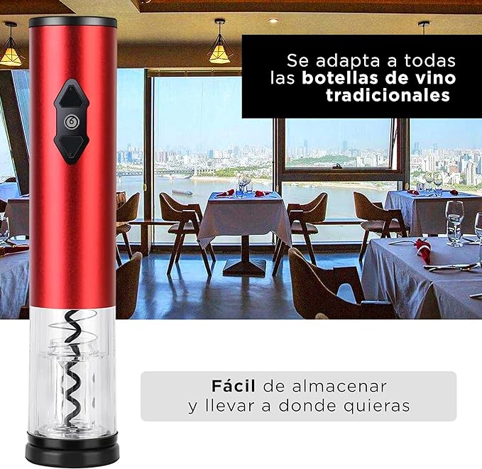 A Set de Sacacorchos Vino Eléctrico 2 en 1 - Rojo | Hogar y Cocina Accesorios - de Acero Inoxidable - Regalos para Hombre - Regalos para Mujer | Electrodomesticos - Destapador de Vino.